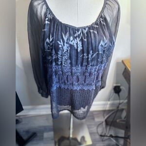 Tempo Paris Sheer Black and Blue Blouse Large